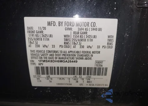 2021 Ford Explorer Xlt z USA, uszkodzony, nr VIN 1FMSK8DH6MGA26449